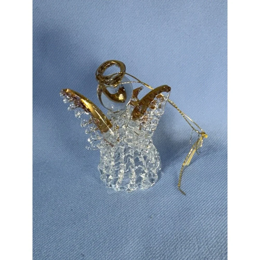 Vintage Spun Glass Angel Christmas Ornament Halo Holding Gold Glass Star 2.25”